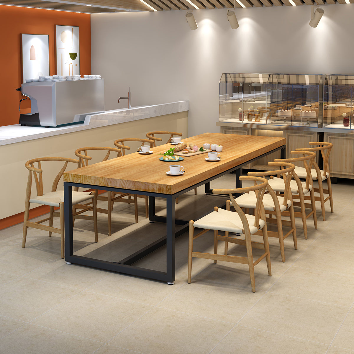 Rectangle Dining Table Industrial Solid Wood Dining Table with Metal Base