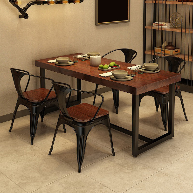 Rectangle Industrial Brown Dining Table Solid Wood and Metal Trestle Base Dining Table