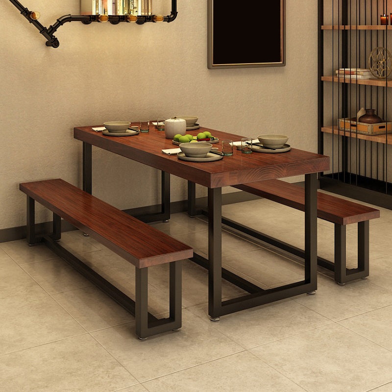 Rectangle Industrial Brown Dining Table Solid Wood and Metal Trestle Base Dining Table