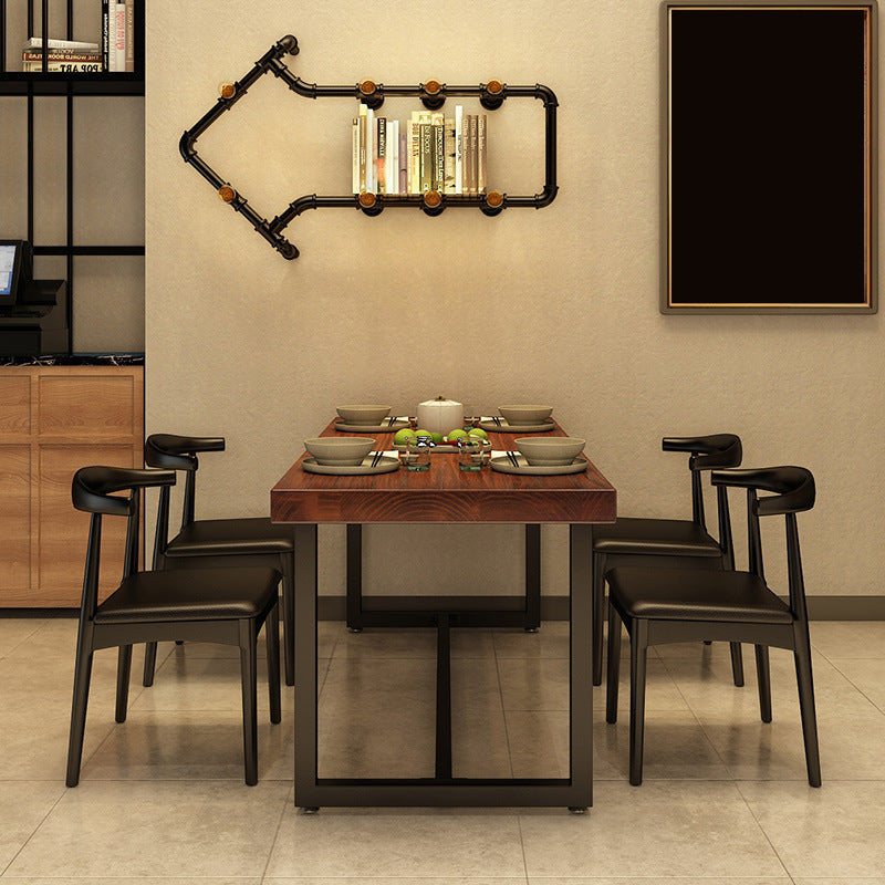 Rectangle Industrial Brown Dining Table Solid Wood and Metal Trestle Base Dining Table