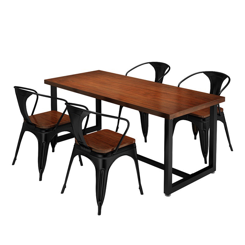 Rectangle Industrial Brown Dining Table Solid Wood and Metal Trestle Base Dining Table