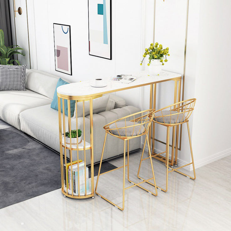 Glossy White Marble Top Bar Table with Storage Glam Specialty Pub Table for Home