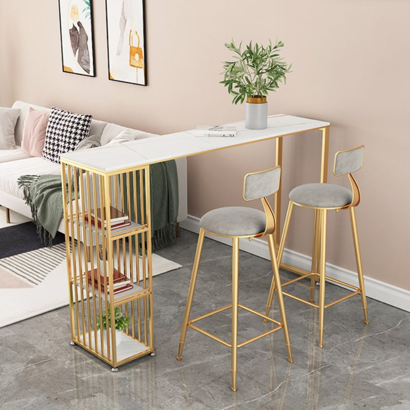 Glam Rectangle Pub Table for Living Room Glossy White Stone Top Bar Table with Storage