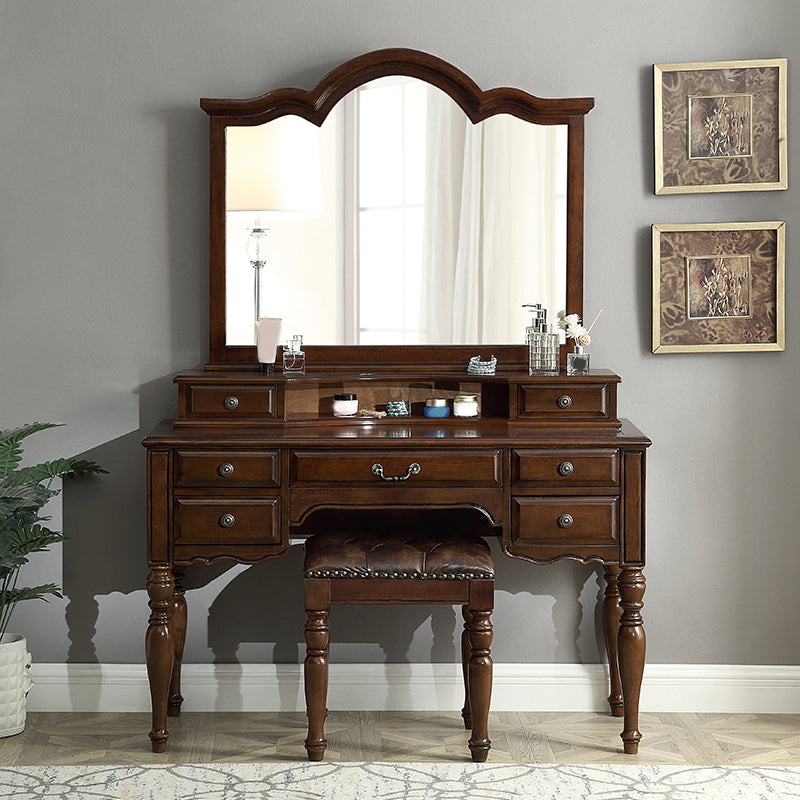Traditional Makeup Vanity in Brown Rubber Wood Dressing Table