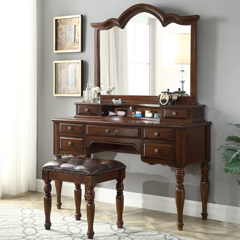 Traditional Makeup Vanity in Brown Rubber Wood Dressing Table