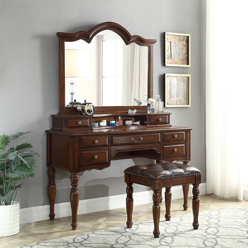 Traditional Makeup Vanity in Brown Rubber Wood Dressing Table