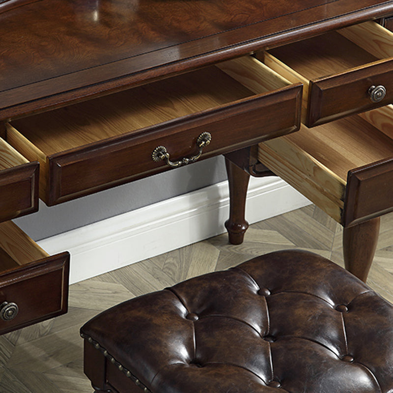 Traditional Makeup Vanity in Brown Rubber Wood Dressing Table