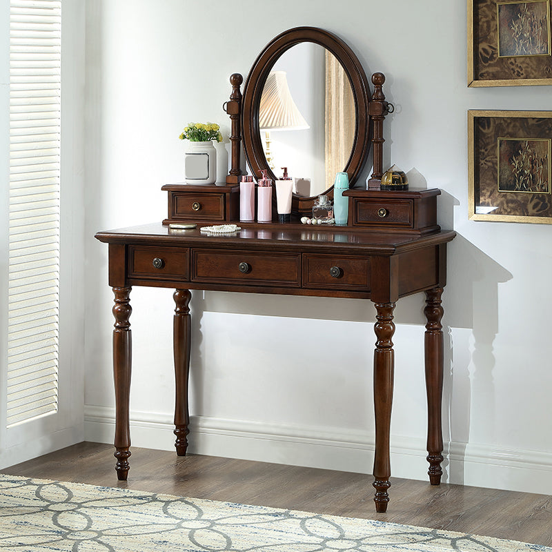 Mirrored Wood Makeup Dressing Table Stool Set in Brown Finish