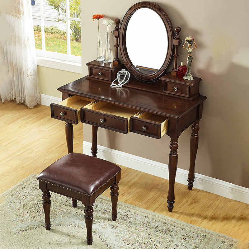Mirrored Wood Makeup Dressing Table Stool Set in Brown Finish