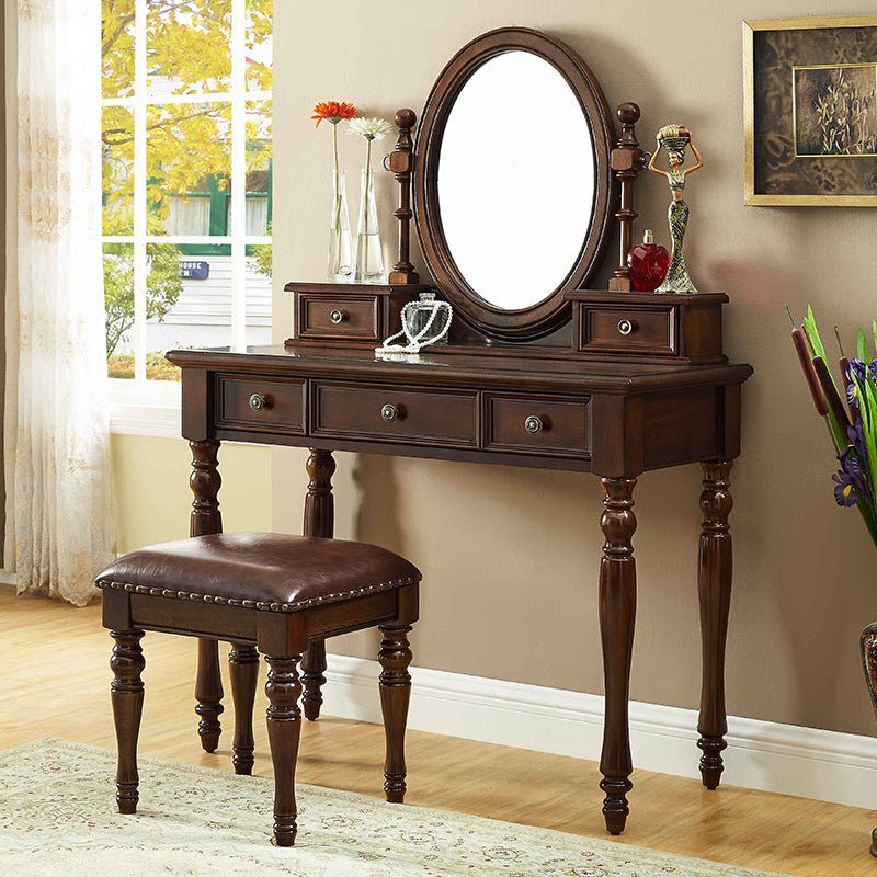 Mirrored Wood Makeup Dressing Table Stool Set in Brown Finish