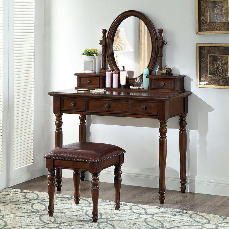 Mirrored Wood Makeup Dressing Table Stool Set in Brown Finish