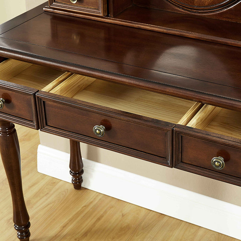 Mirrored Wood Makeup Dressing Table Stool Set in Brown Finish