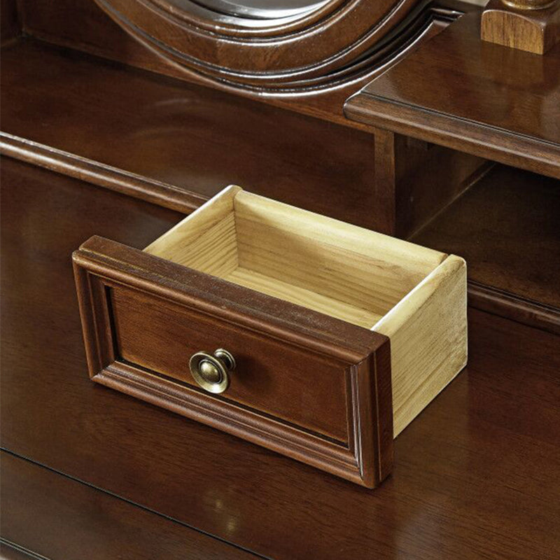 Mirrored Wood Makeup Dressing Table Stool Set in Brown Finish