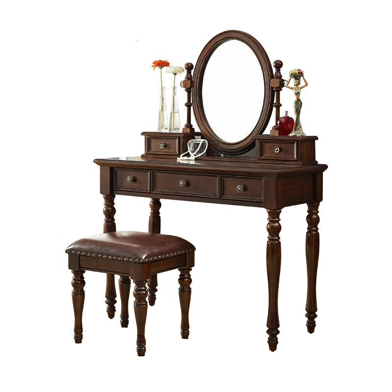 Mirrored Wood Makeup Dressing Table Stool Set in Brown Finish