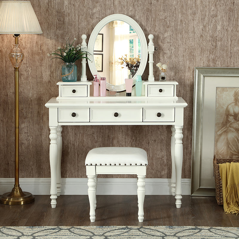 Traditional Mirrored Make-up Vanity Rubber Wood Dressing Table Stool Set