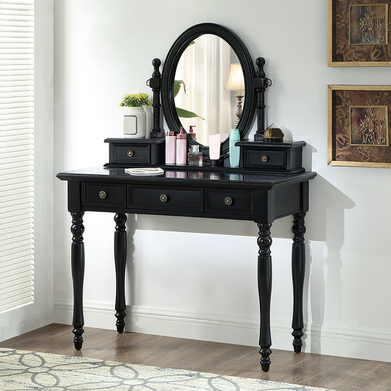 Traditional Mirrored Make-up Vanity Rubber Wood Dressing Table Stool Set