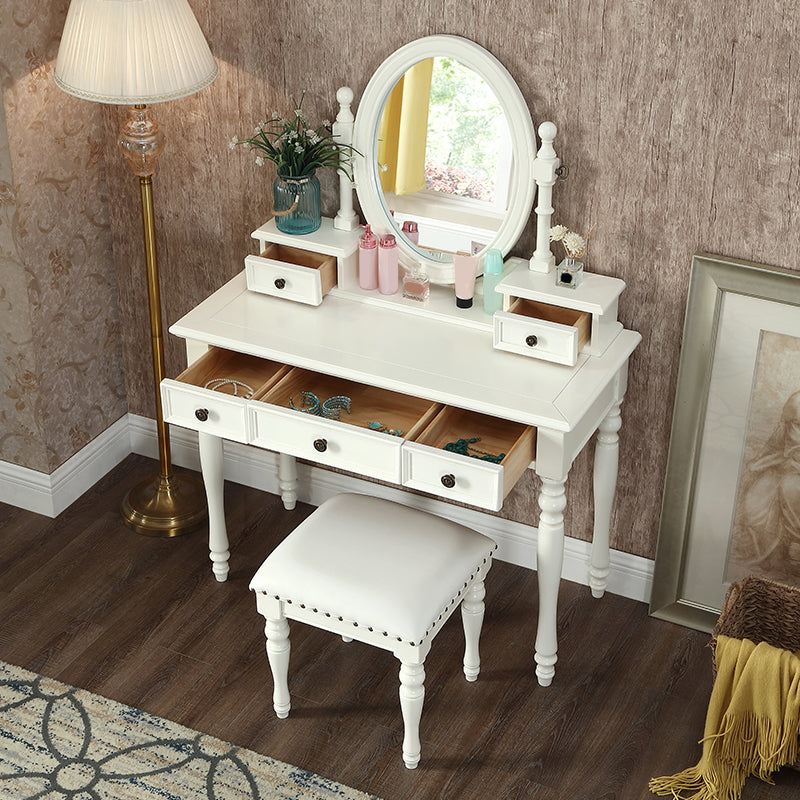 Traditional Mirrored Make-up Vanity Rubber Wood Dressing Table Stool Set