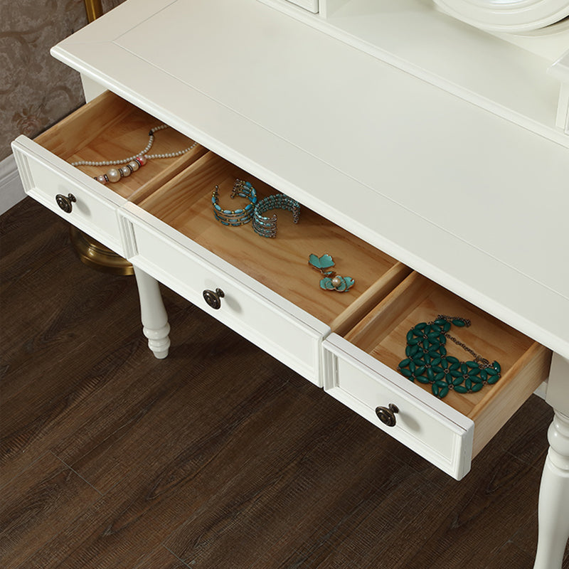Traditional Mirrored Make-up Vanity Rubber Wood Dressing Table Stool Set