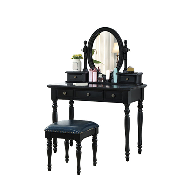 Traditional Mirrored Make-up Vanity Rubber Wood Dressing Table Stool Set