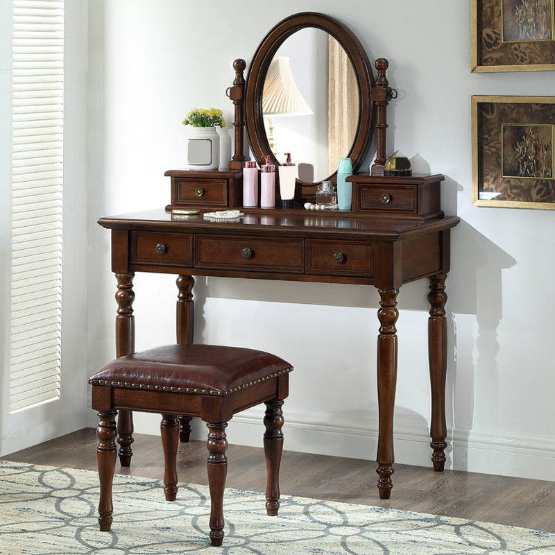 Traditional Mirrored Make-up Vanity Rubber Wood Dressing Table Stool Set
