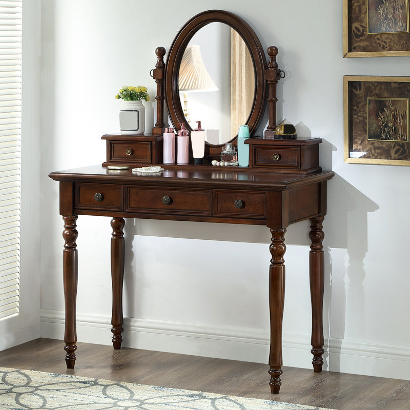 Traditional Mirrored Make-up Vanity Rubber Wood Dressing Table Stool Set