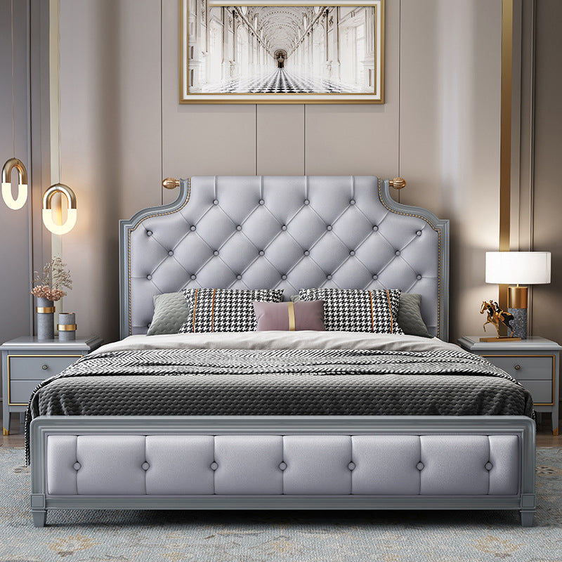 Traditional Tufted Wood Bed Frame 57.09" H Faux Leather Scooped Headboard Bed