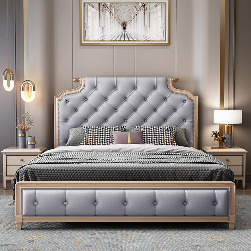 Traditional Tufted Wood Bed Frame 57.09" H Faux Leather Scooped Headboard Bed