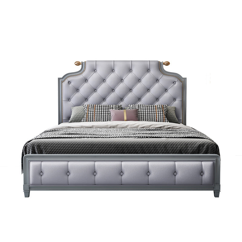 Traditional Tufted Wood Bed Frame 57.09" H Faux Leather Scooped Headboard Bed