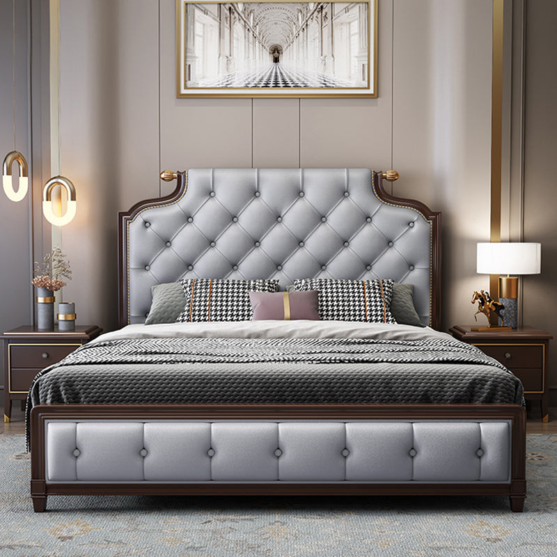 Traditional Tufted Wood Bed Frame 57.09" H Faux Leather Scooped Headboard Bed