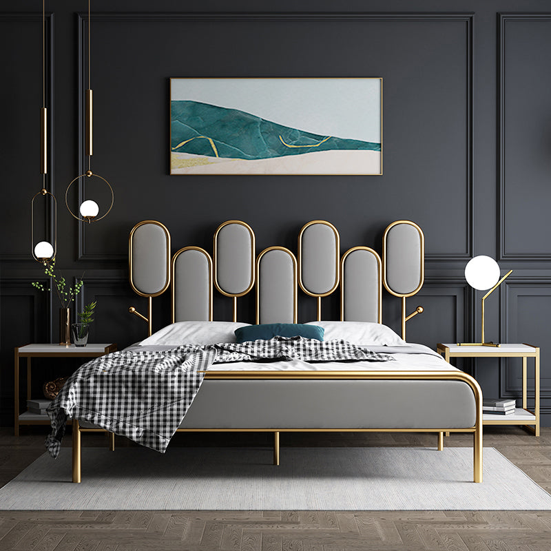 Upholstered Standard Bed Iron Bed Frame with Headboard and Metal Legs