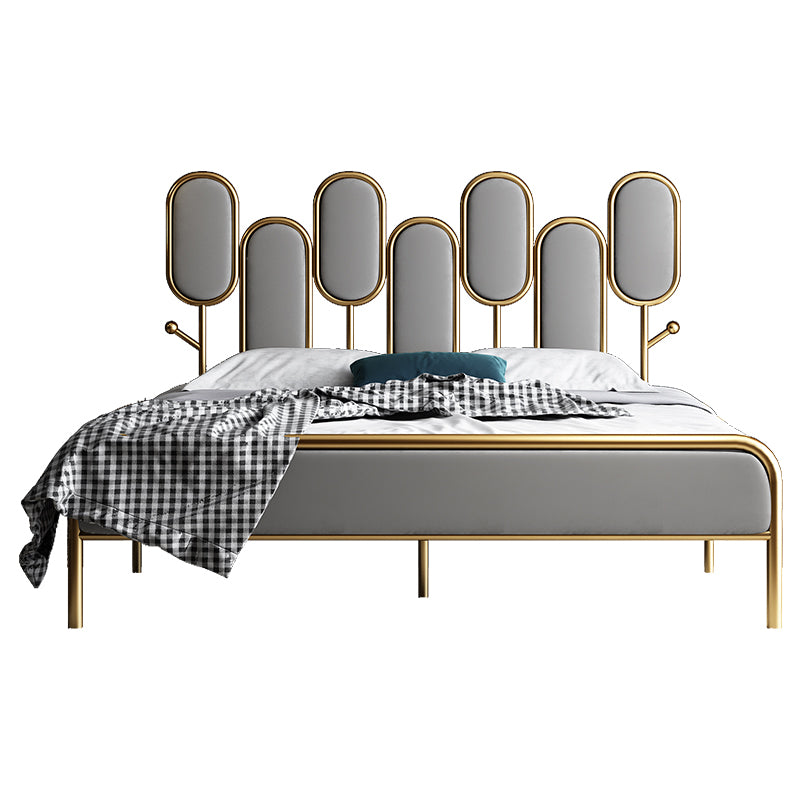 Upholstered Standard Bed Iron Bed Frame with Headboard and Metal Legs