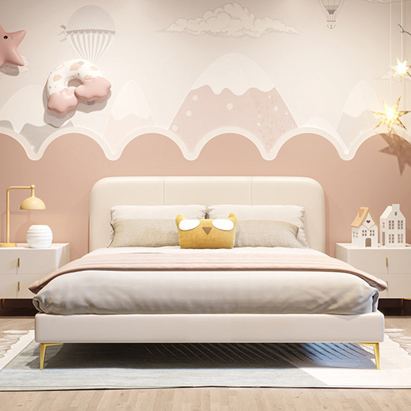 Glam Genuine Leather Bed Frame White Upholstered Low Profile Standard Bed