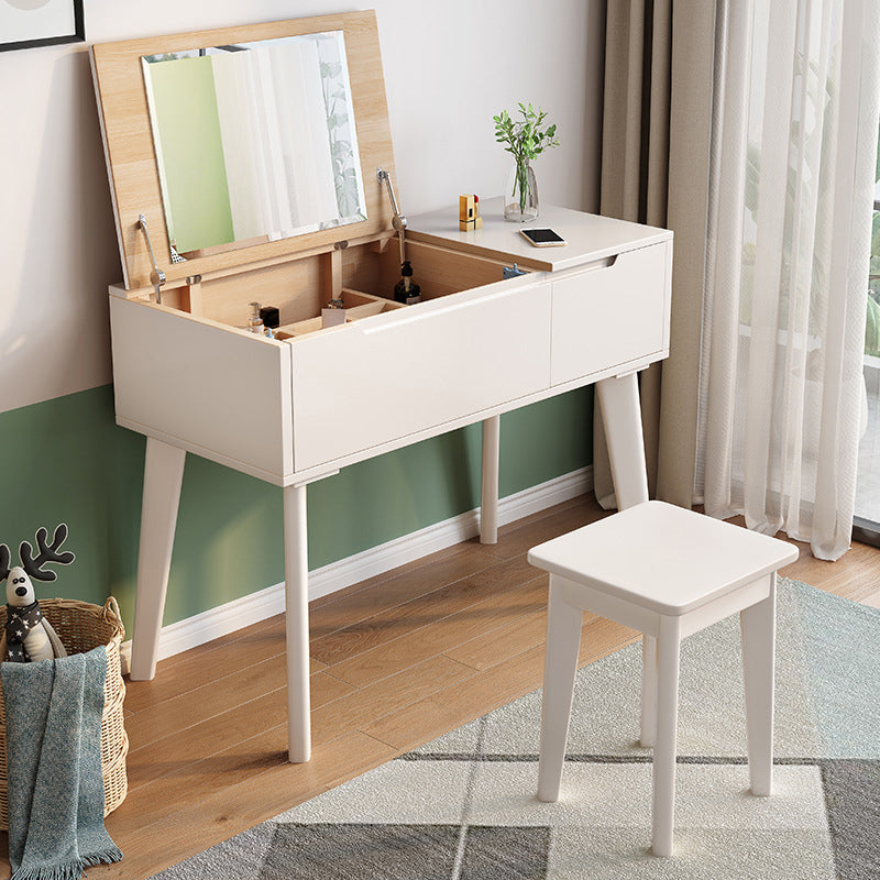 Solid Wood Mirrored Vanity and Stool Scandinavian Dressing Table