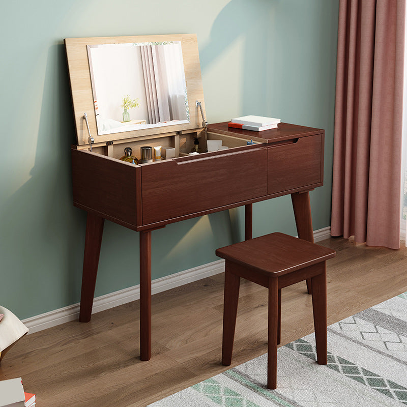 Solid Wood Mirrored Vanity and Stool Scandinavian Dressing Table