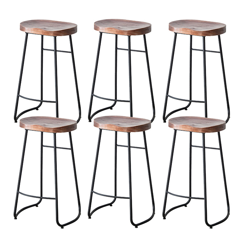 Modern Armless Backless Counter Stool Iron Bar Stool with Wooden Seat and Pedal for Cafe