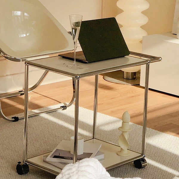 Rectangular Metal/glass Side Table with Wheel Base Mid-century Modern Style