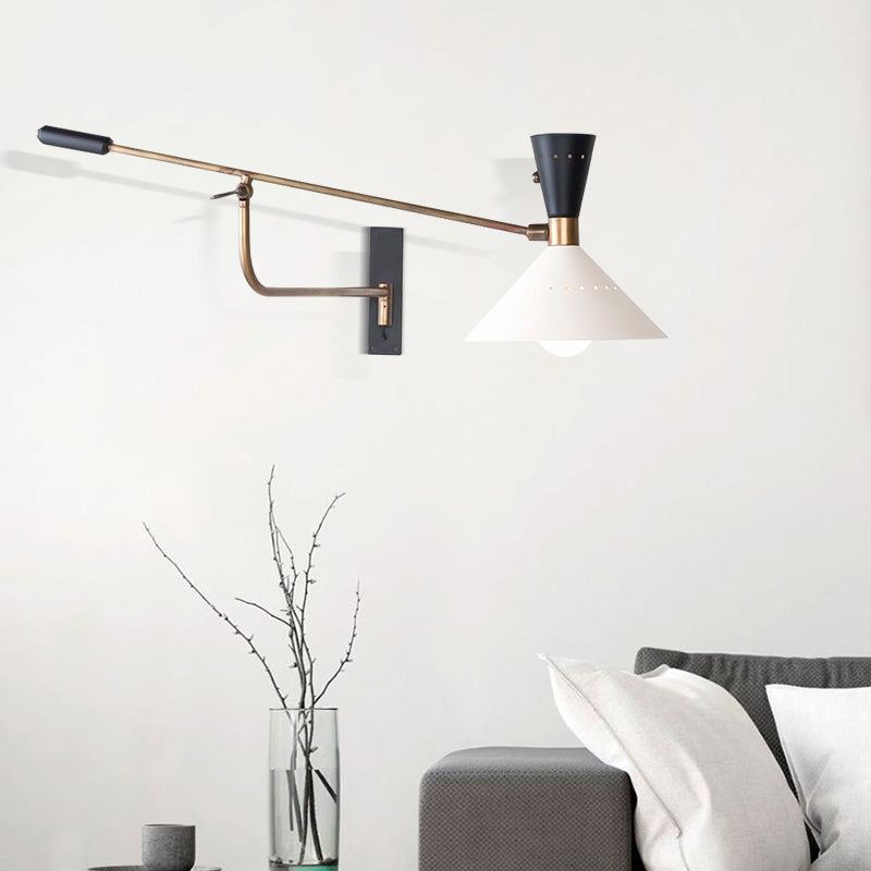 Nordic Swing Arm Wall Light Metal Conical Shade Wall Sconce for Living Room