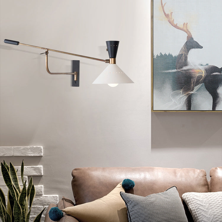 Nordic Swing Arm Wall Light Metal Conical Shade Wall Sconce for Living Room