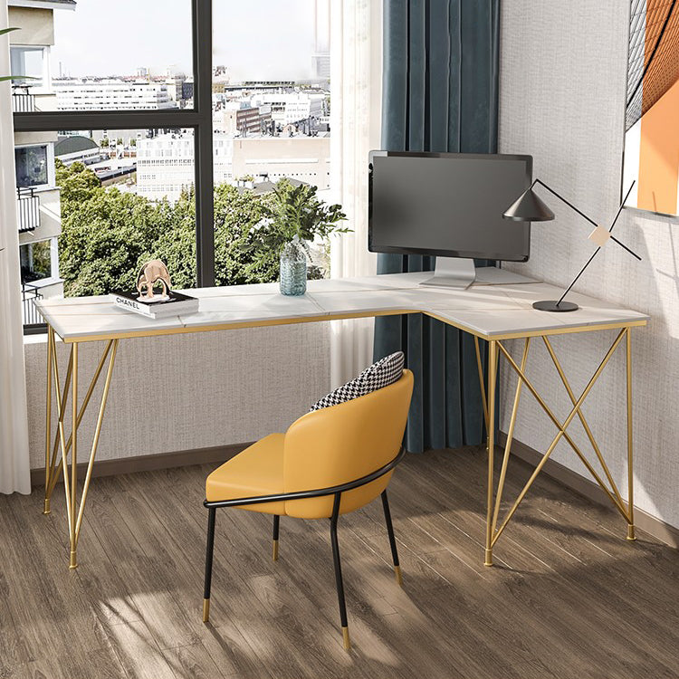 L-Shape Modern Style Office Desk Marble and Metal Writing Desk in White and Gold