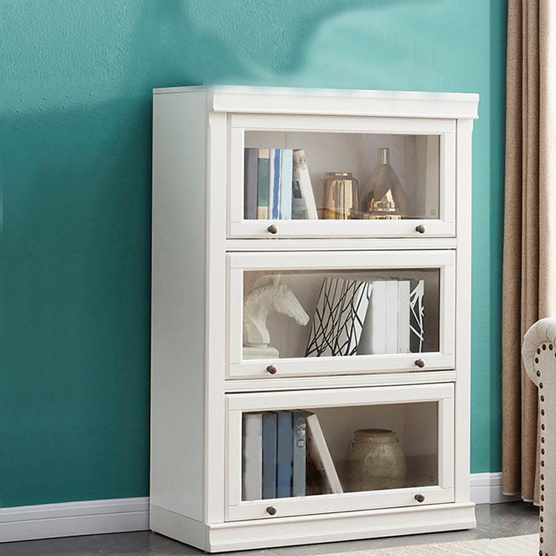 Modern Closed Storage Bookcase 12.5" W White Wooden Bookshelf with Glass Doors