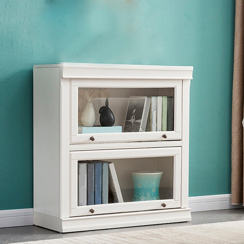 Modern Closed Storage Bookcase 12.5" W White Wooden Bookshelf with Glass Doors