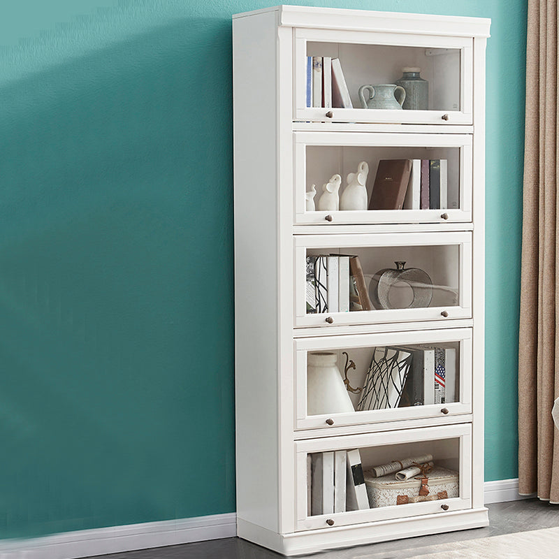 Modern Closed Storage Bookcase 12.5" W White Wooden Bookshelf with Glass Doors