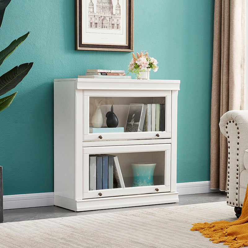 Modern Closed Storage Bookcase 12.5" W White Wooden Bookshelf with Glass Doors