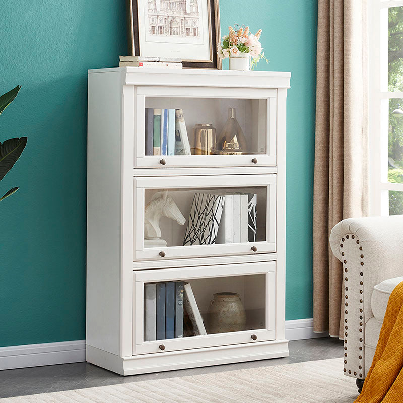 Modern Closed Storage Bookcase 12.5" W White Wooden Bookshelf with Glass Doors