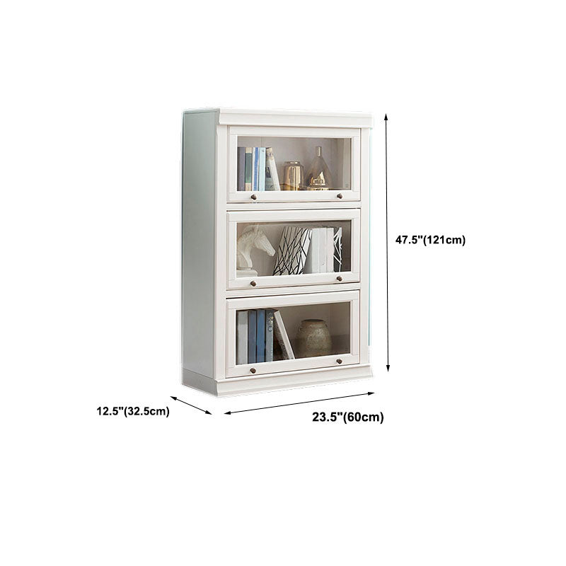 Modern Closed Storage Bookcase 12.5" W White Wooden Bookshelf with Glass Doors
