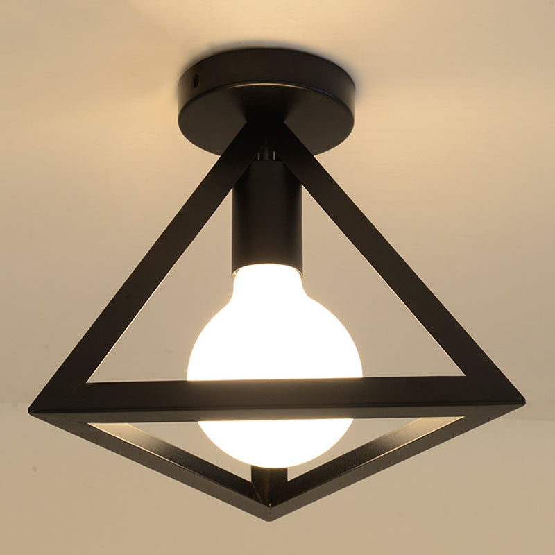 Industrial Flush Light Fixtures Geometric Iron 1 Light Flush Mount Lamps in Black