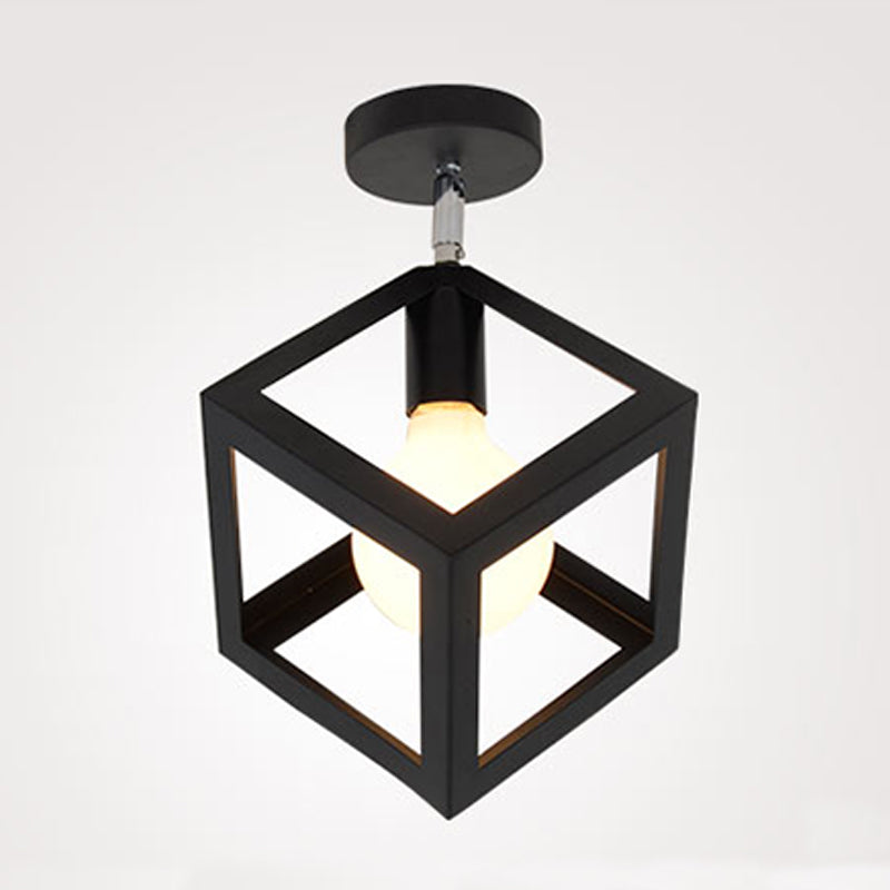 Industrial Flush Light Fixtures Geometric Iron 1 Light Flush Mount Lamps in Black
