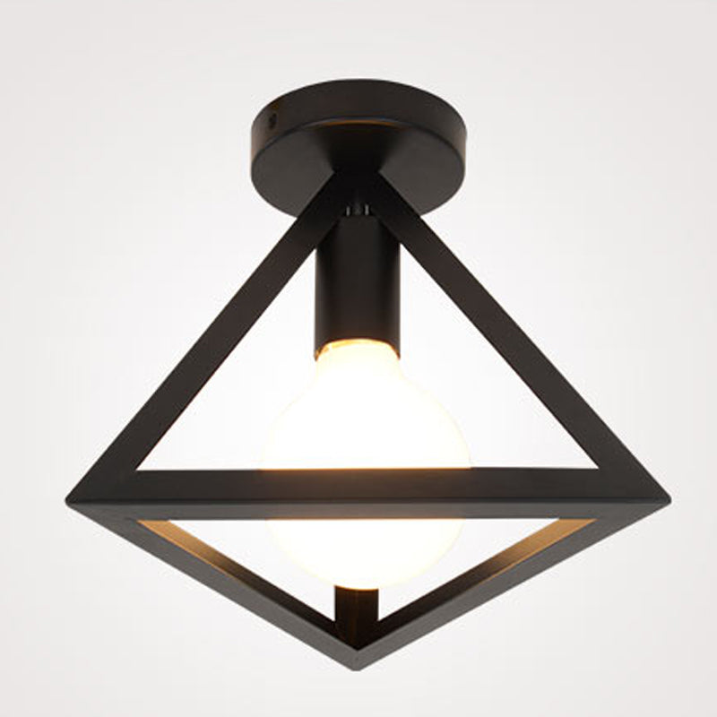 Industrial Flush Light Fixtures Geometric Iron 1 Light Flush Mount Lamps in Black