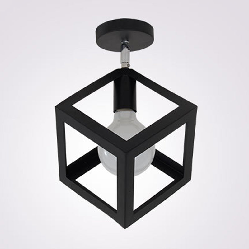 Industrial Flush Light Fixtures Geometric Iron 1 Light Flush Mount Lamps in Black