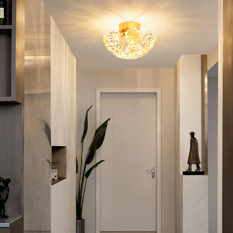 Brass Close to Ceiling Lamp Minimalist Crystal Shaded Ceiling Mounted Fixture